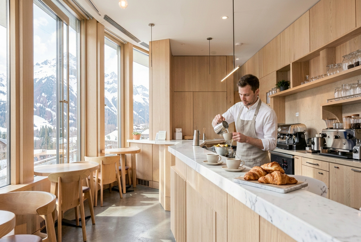 A calm minimal café counter in pale oak and marble with coffee and fresh croissants